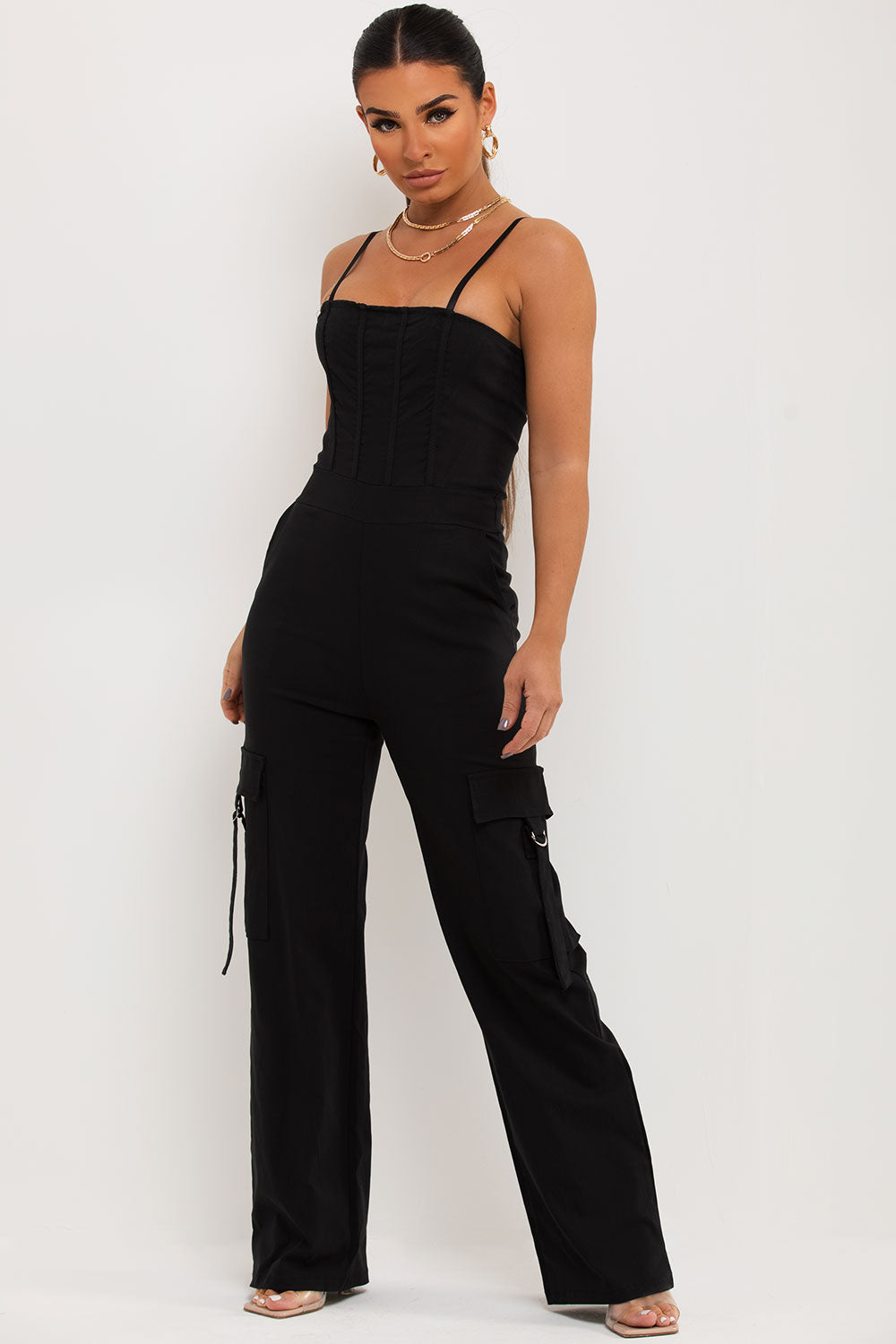 Women's Black Cargo Wide Leg Jumpsuit With Pocket Detail – Styledup.co.uk