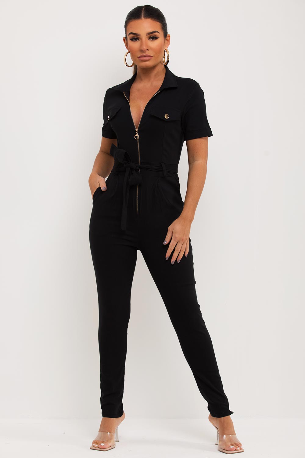 Women's Jumpsuit With Zip Front And Utility Pockets Black – Styledup.co.uk