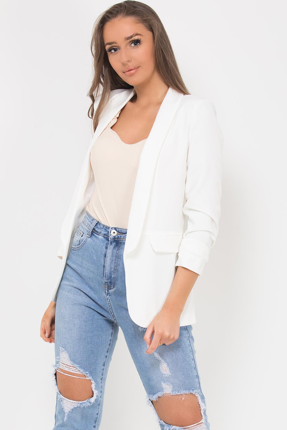 Women's Ruched Sleeve Blazer Cream Lapel Longline Collar – Styledup.co.uk