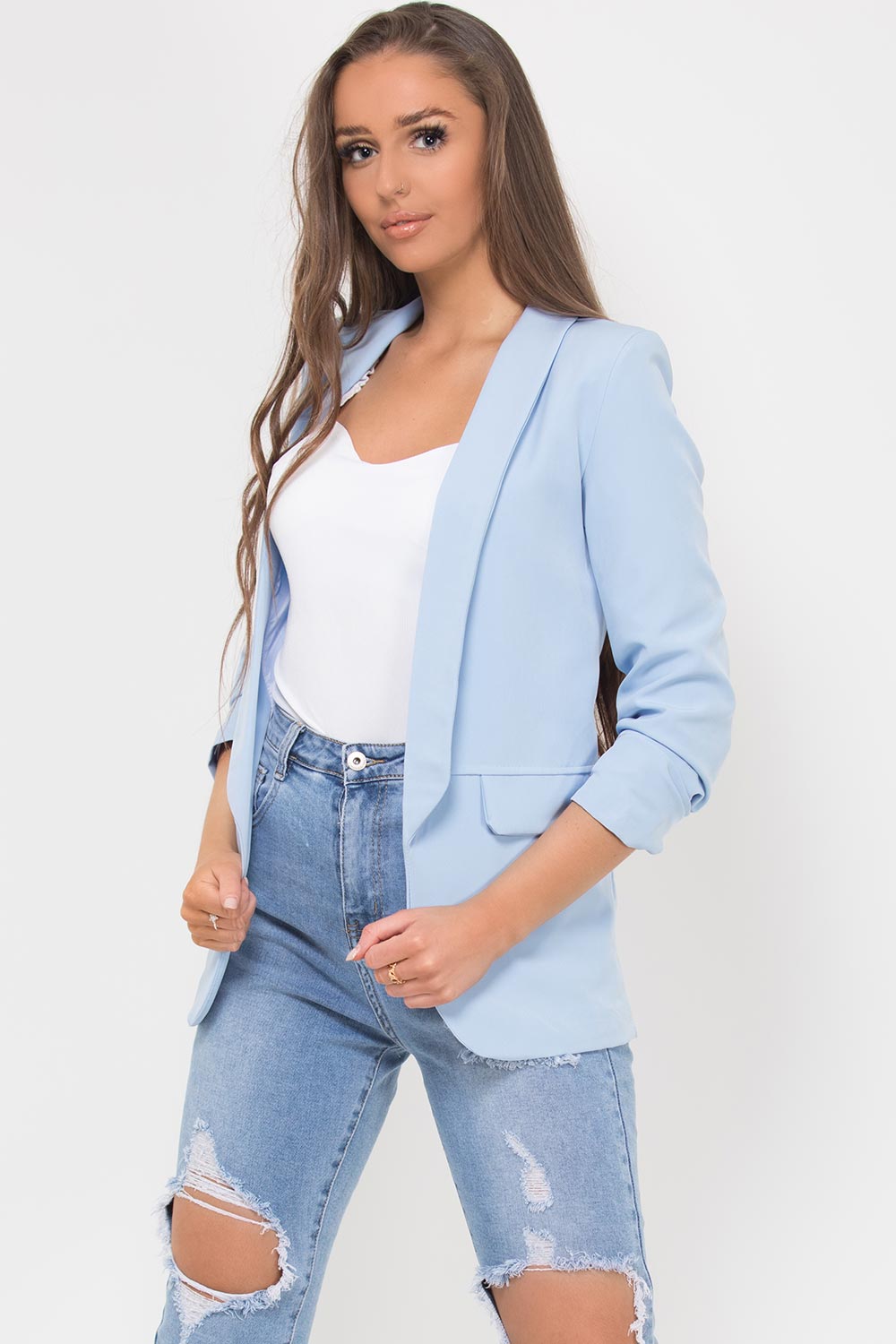 Women's Ruched Sleeve Blazer Sky Blue Lapel Longline Collar – 