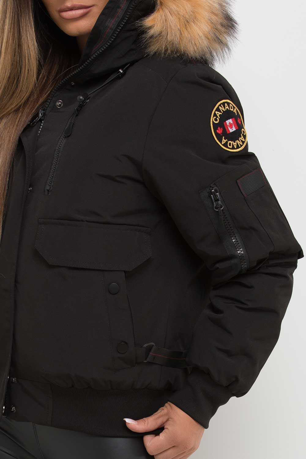 Women's Black Bomber Jacket With Fur Hood Canada Goose Inspired ...