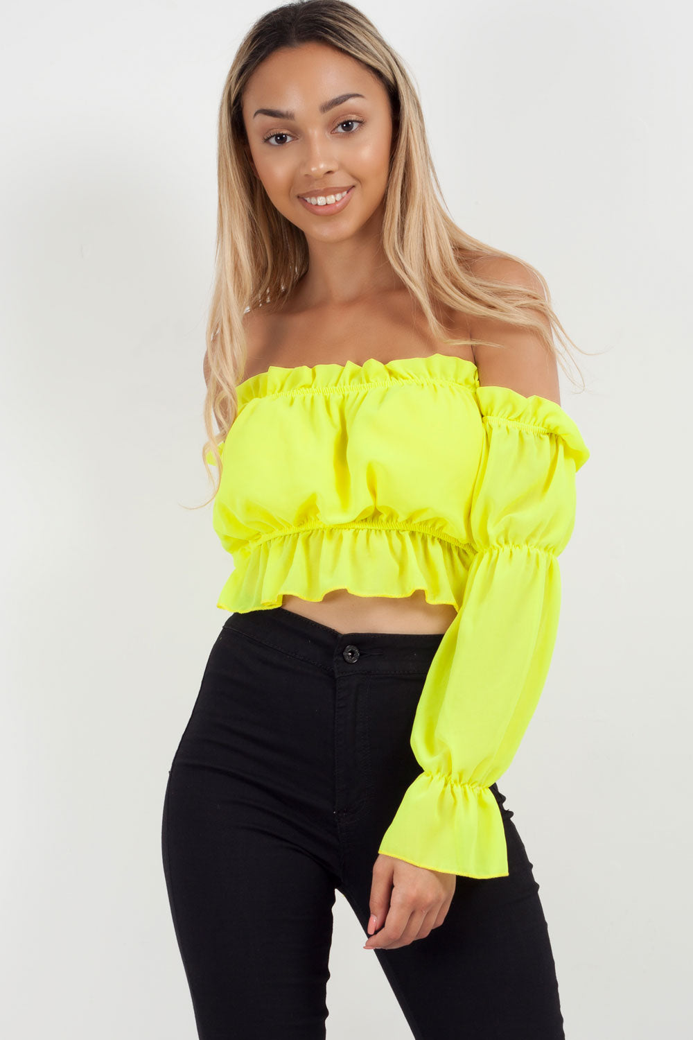 Neon Yellow Bardot Frill Crop Top – Styledup.co.uk