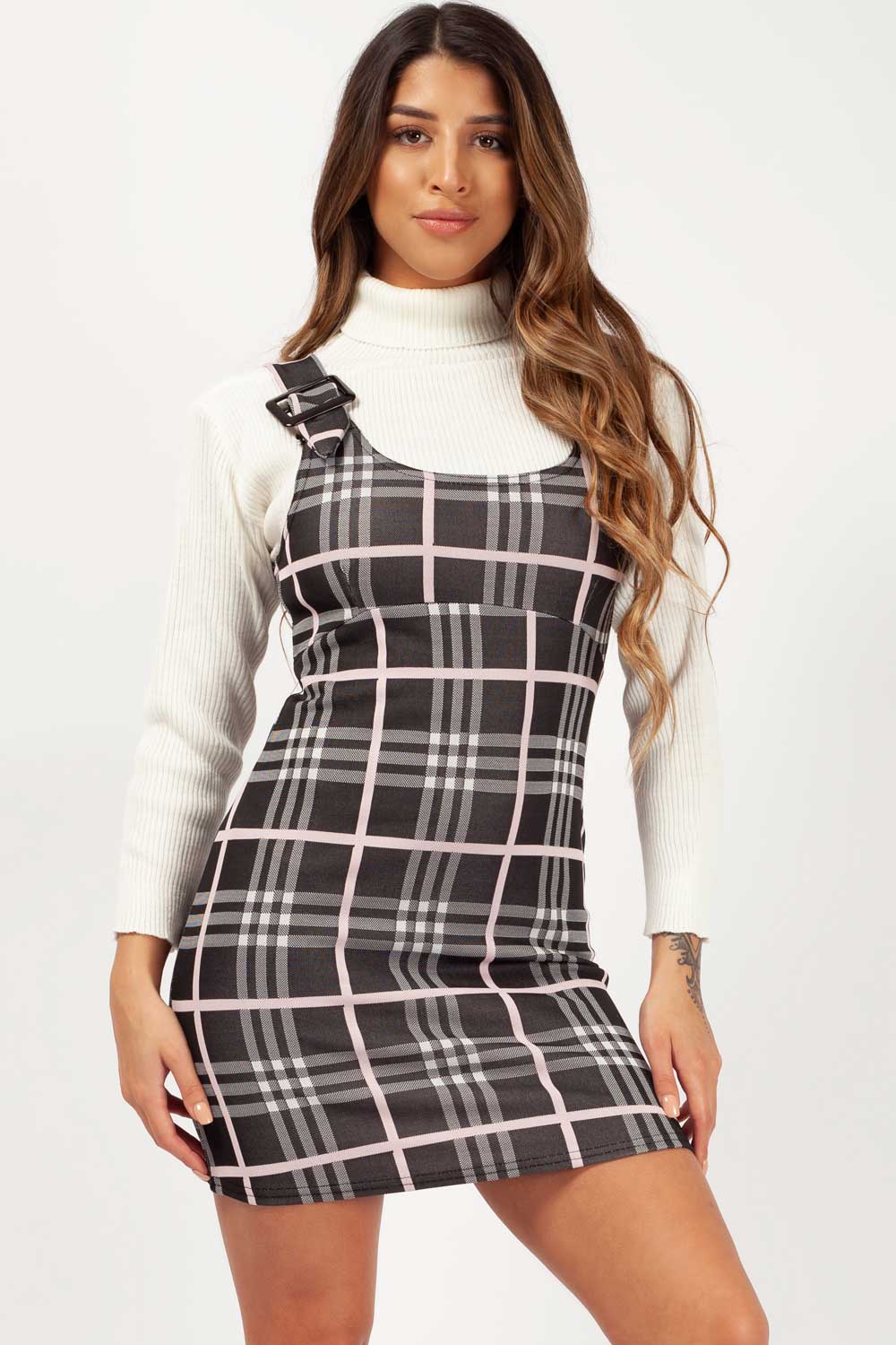 checked buckle detail pinafore dress