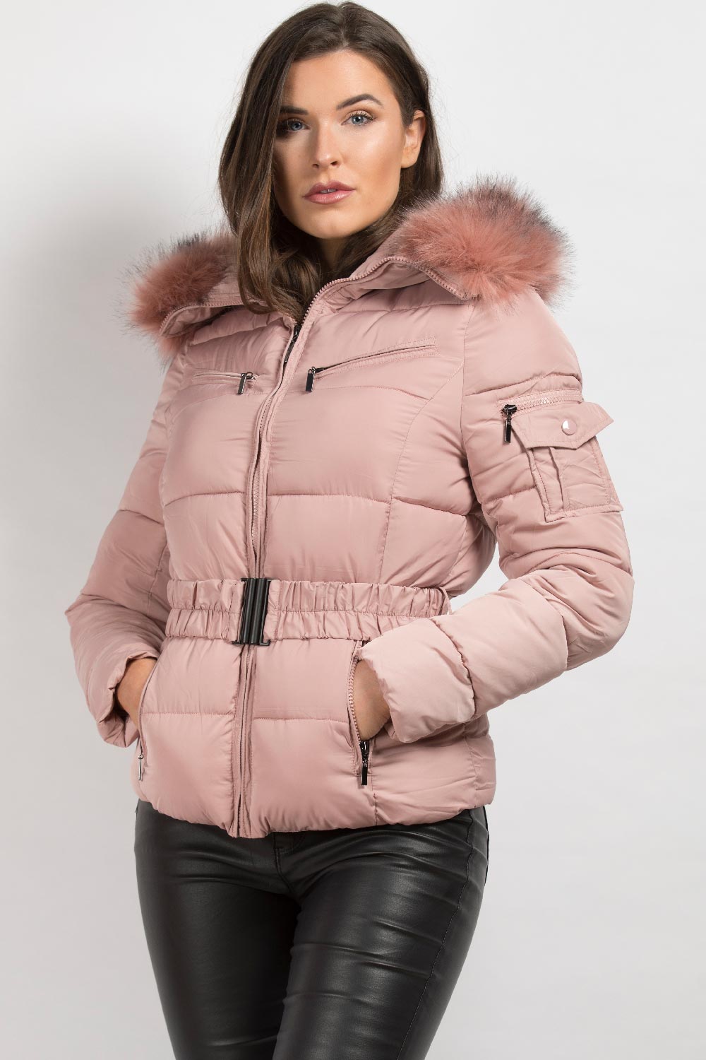 Womens Pink Faux Fur Hooded Puffer Coat With Belt – Styledup.co.uk