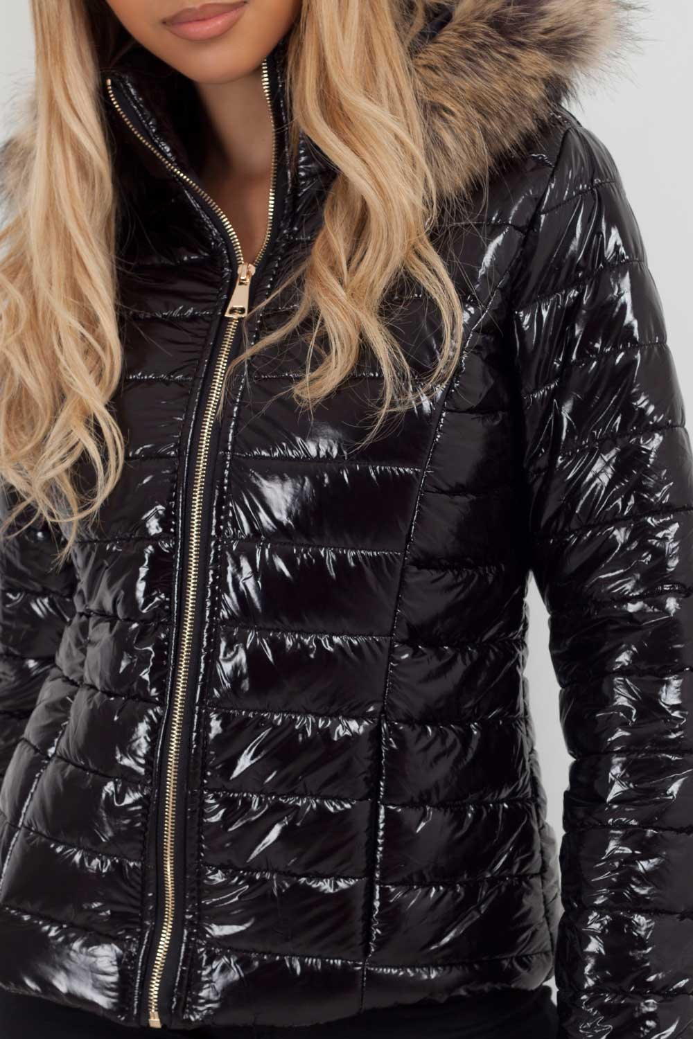 Black Shiny Puffer Coat With Faux Fur Hood Sale – Styledup.co.uk