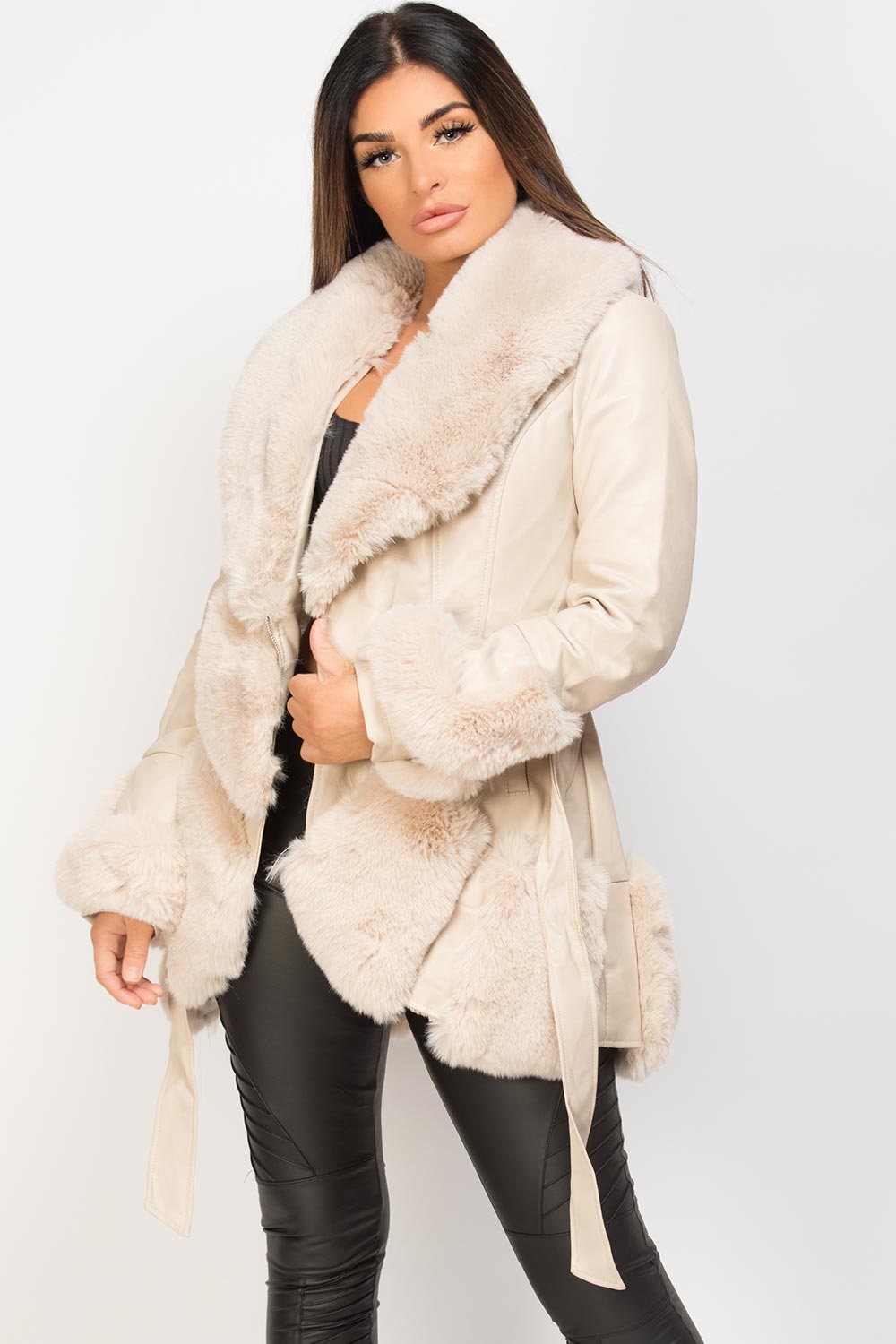 Womens Cream Faux Leather Belted Jacket With Faux Fur Trim Vegan Uk 