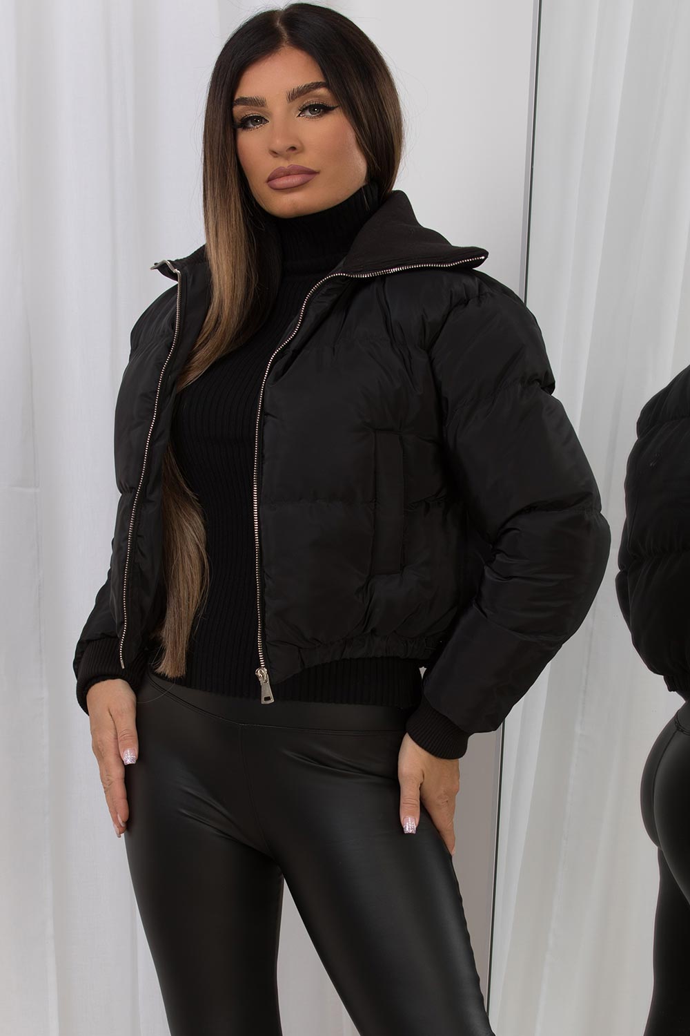 Women's Cropped Puffer Jacket With Rib Collar Black – Styledup.co.uk