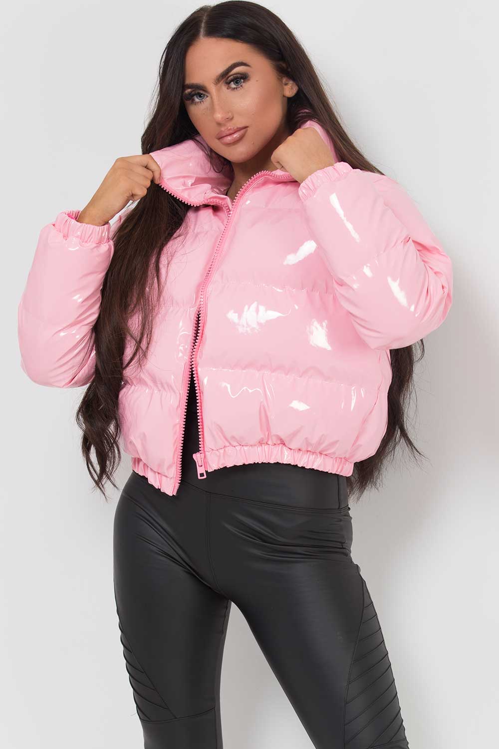 Women's Shiny Crop Puffer Jacket Pink – Styledup.co.uk
