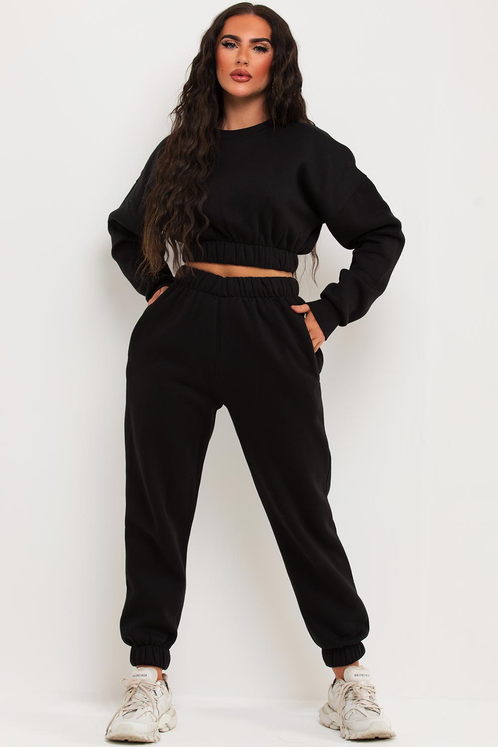 Women's Crop Sweatshirt And Joggers Tracksuit Black Loungewear ...