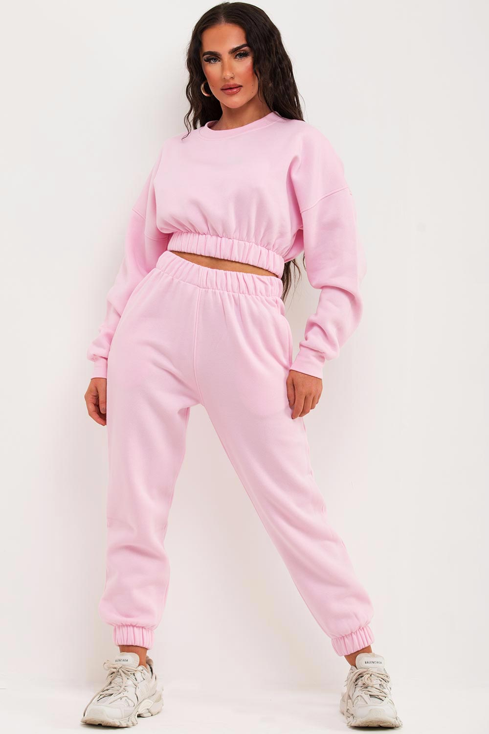 Women's Crop Sweatshirt And Joggers Tracksuit Pink Loungewear ...