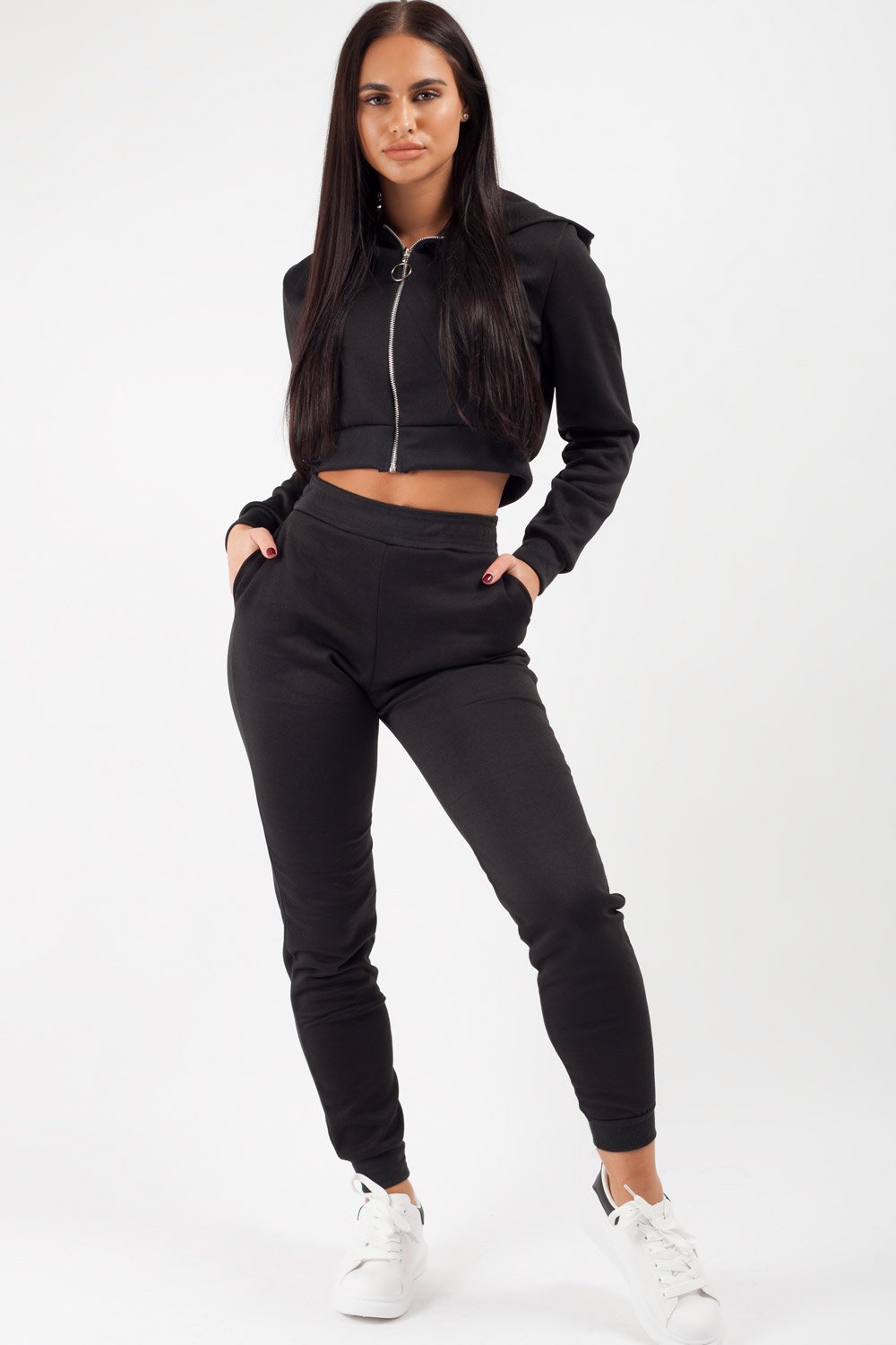 Black Cropped Hoodie And Joggers Loungewear Co-Ord Set – Styledup.co.uk
