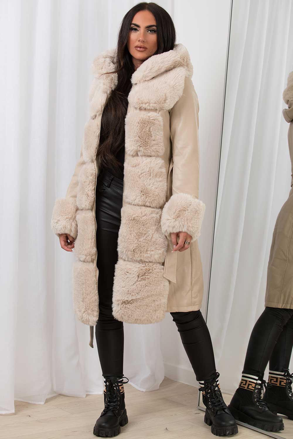 Faux Leather Faux Fur Longline Hooded Jacket Beige – Styledup.co.uk