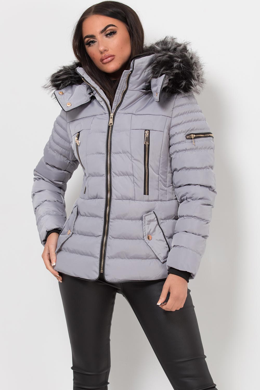 Women's Hooded Puffer Jacket Grey Winter Coat – Styledup.co.uk