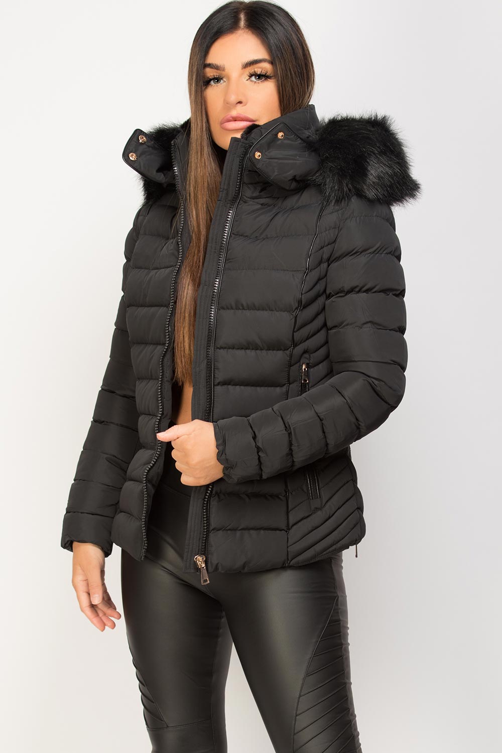 Womens Black Puffer Jacket With Faux fur Hood And Quilted Detail ...