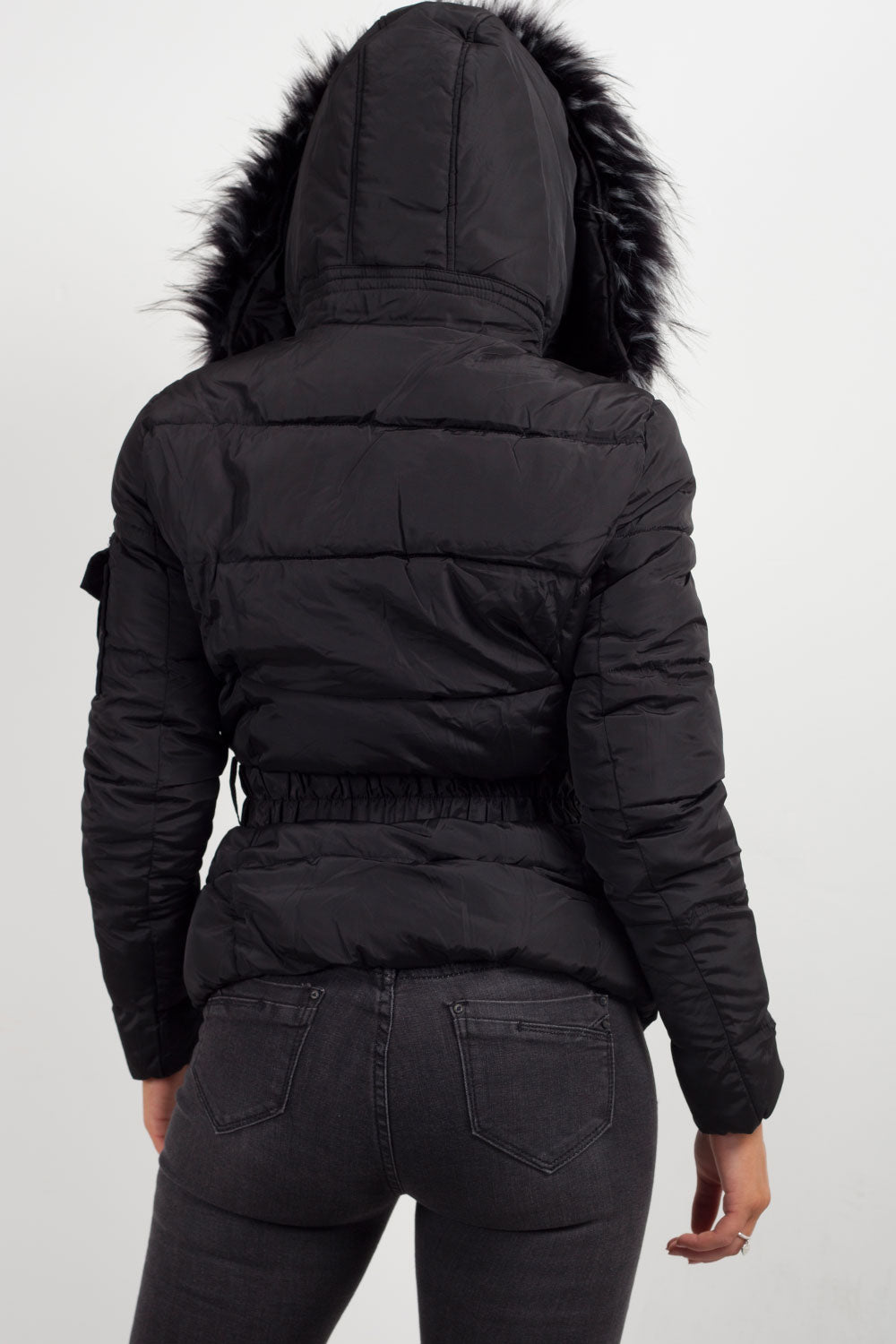 black padded faux fur hooded coat