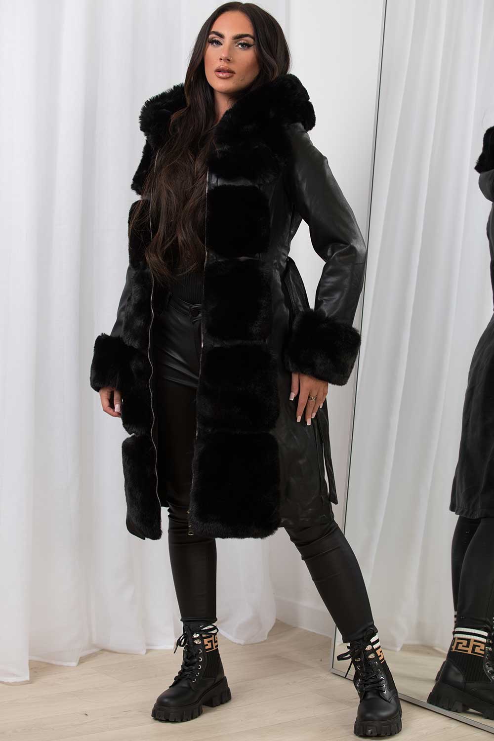 Faux Leather Faux Fur Longline Hooded Jacket Black – Styledup.co.uk