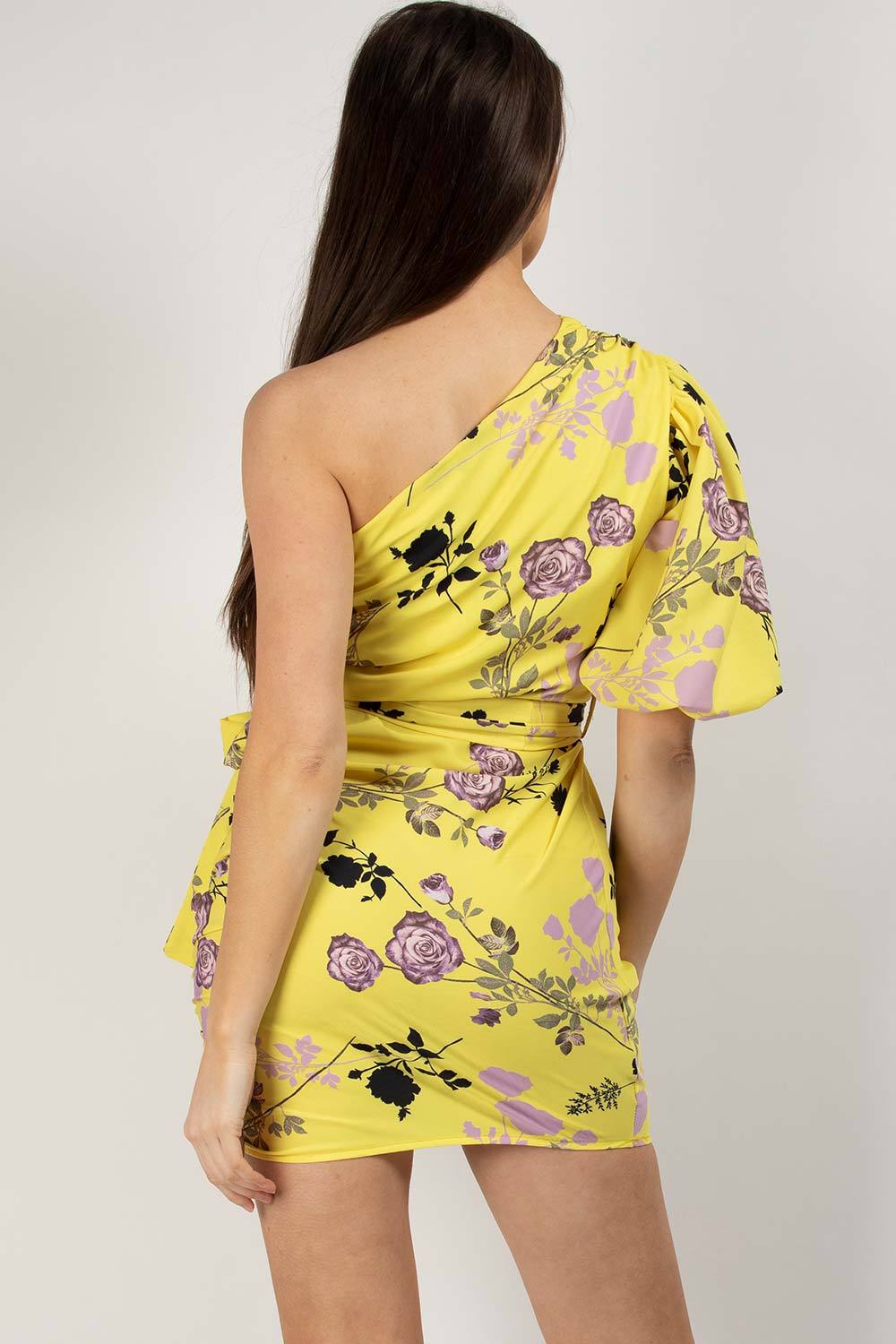 Yellow One Shoulder Puff Sleeve Floral Mini Dress – Styledup.co.uk