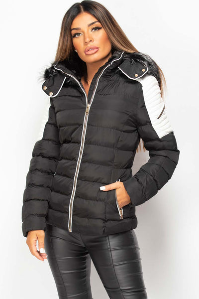 Womens Puffer Coat With Big Faux Fur Hood Black And White – Styledup.co.uk