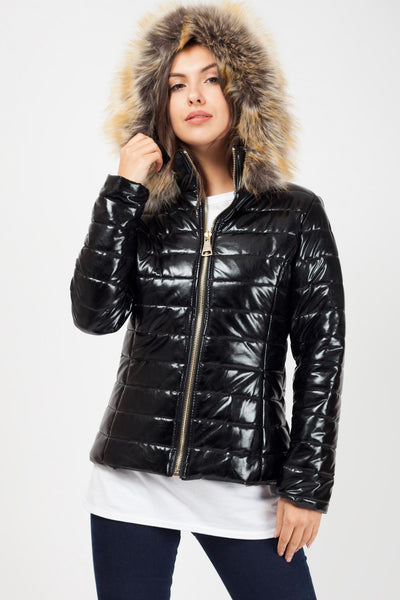 Black Shiny Puffer Faux fur Hood Coat – Styledup.co.uk