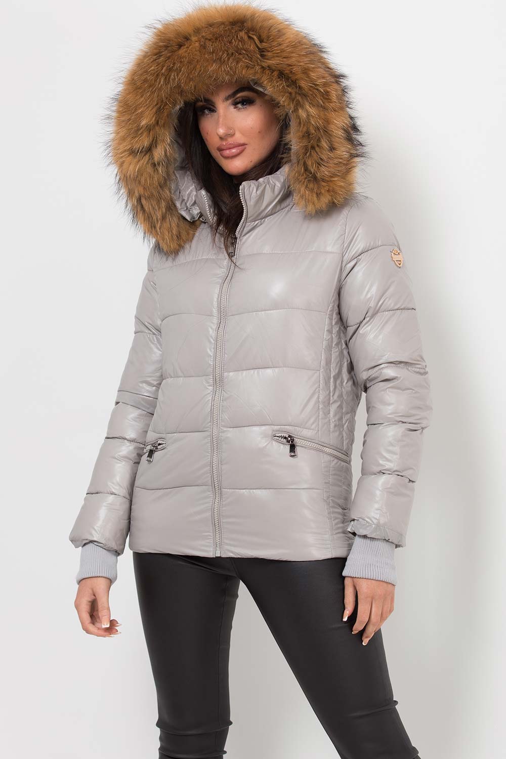 Women's Puffer Jacket With Real Raccoon Fur Hood Grey – Styledup.co.uk