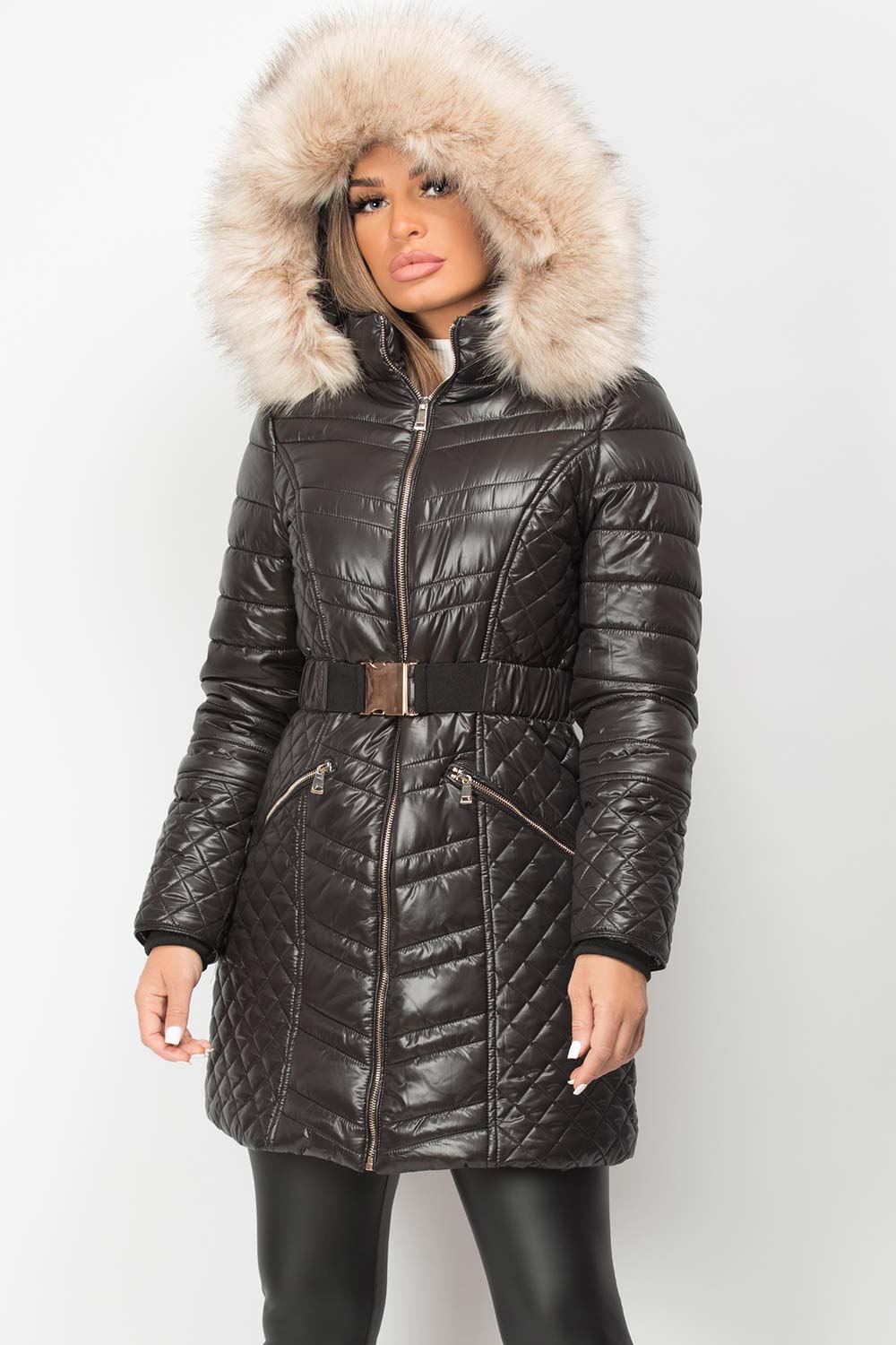 Womens Black Big Faux Fur Hooded Padded Coat With Belt – Styledup.co.uk