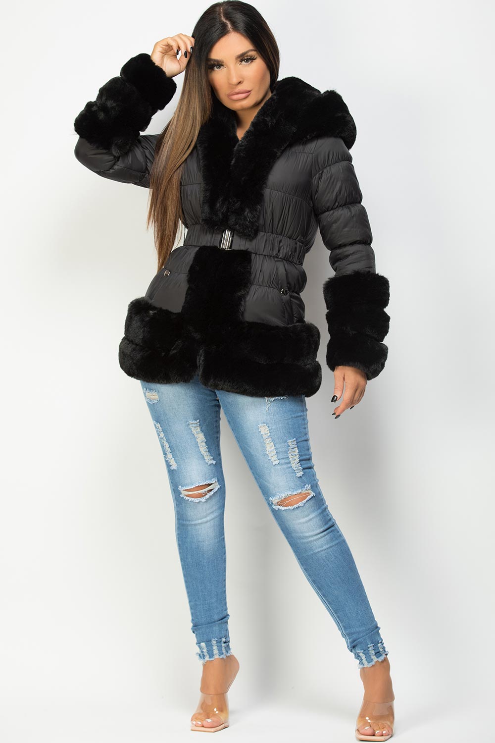 Womens Faux Fur Trim Puffer Hooded Down Jacket With Belt Styledup.co.uk