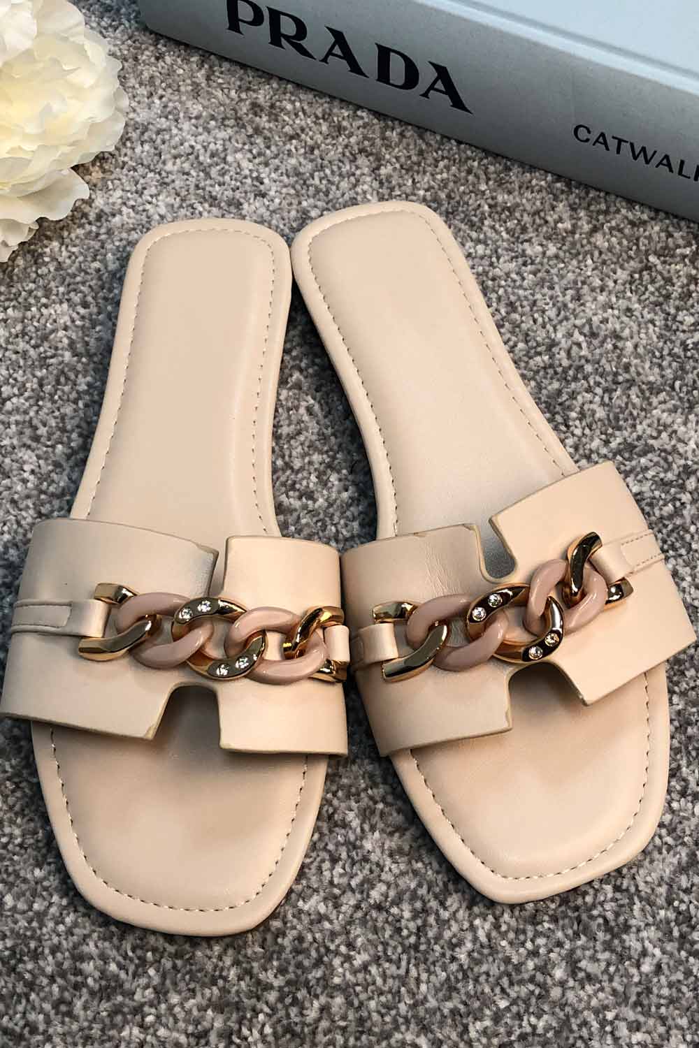 Womens Flat Sandals With Gold Chain Beige Flip Flops – Styledup.co.uk