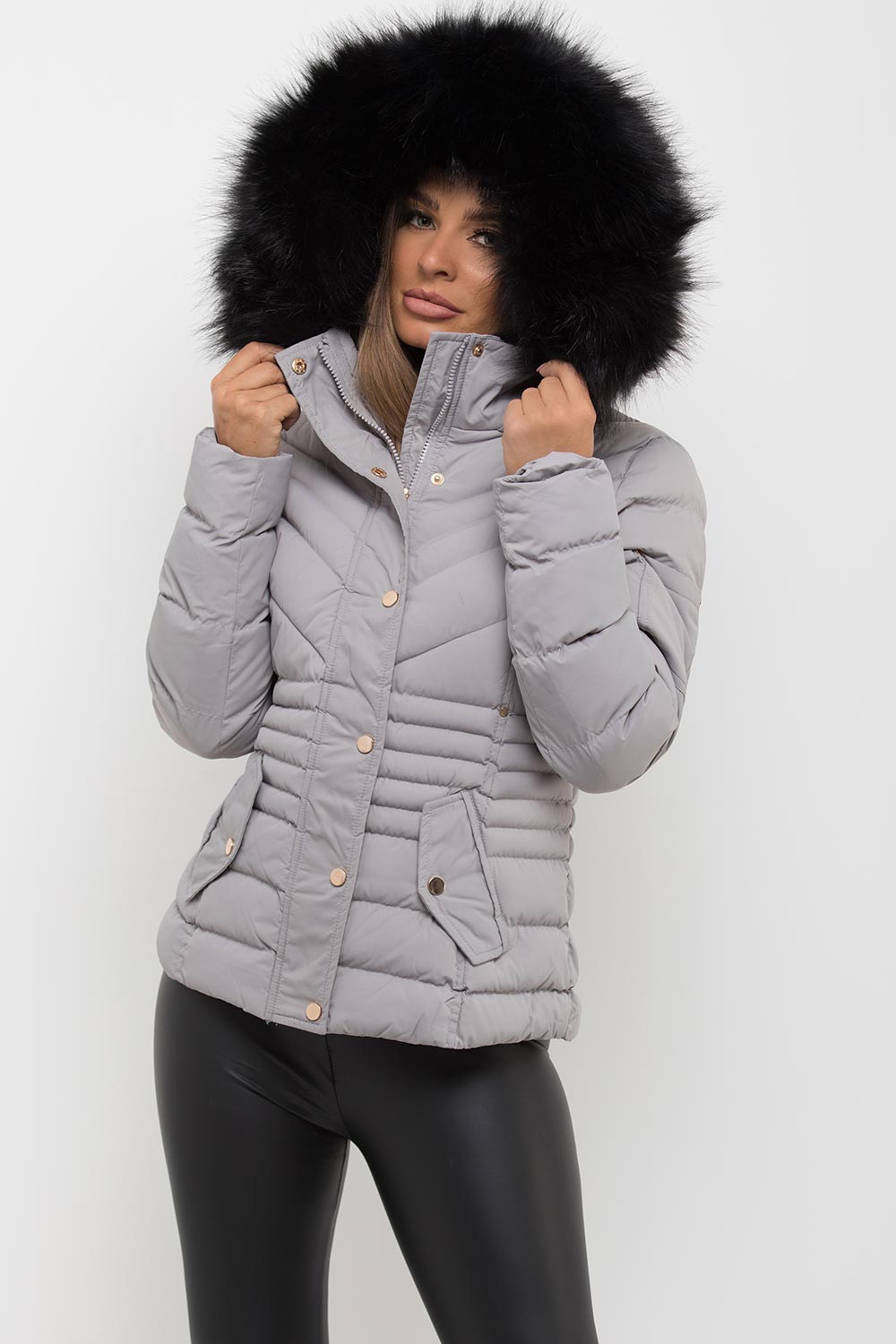 Womens Grey Puffer Coat With Big Faux Fur Hood – Styledup.co.uk