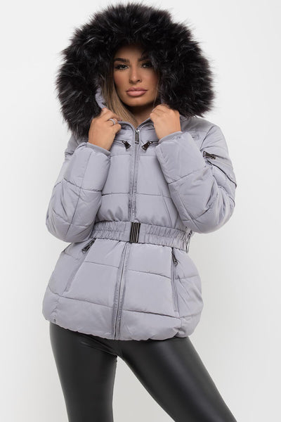 Womens Faux Fur Hooded Jacket With Belt Grey – Styledup.co.uk