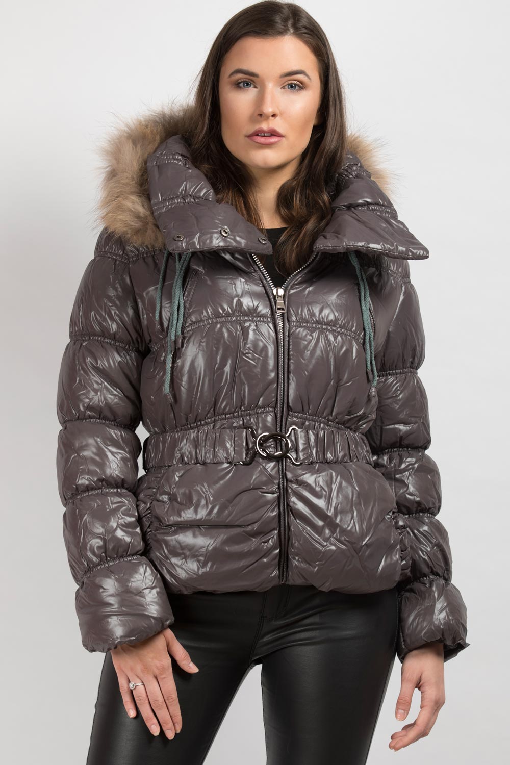 Shiny Puffer Coat With Fur Hood Belted – Styledup.co.uk