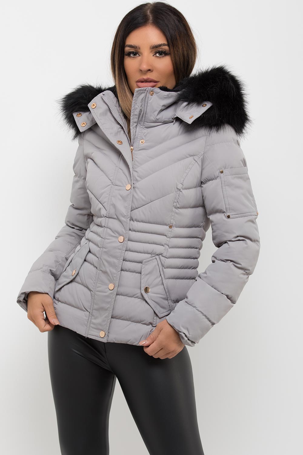 Womens Grey Puffer Coat With Big Faux Fur Hood – Styledup.co.uk