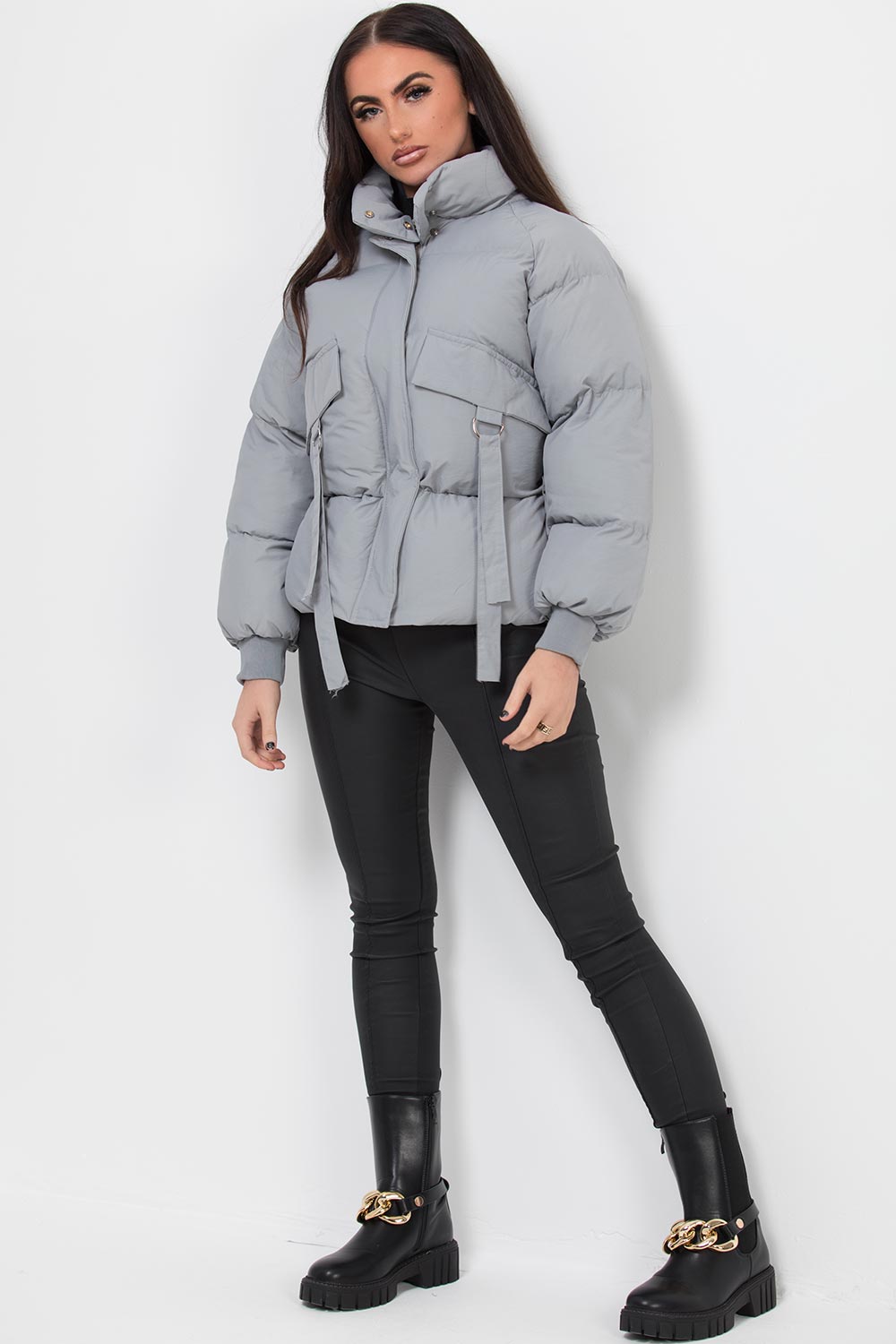 Womens Puffer Jacket With Pocket Detail Drawstring Waist Grey ...