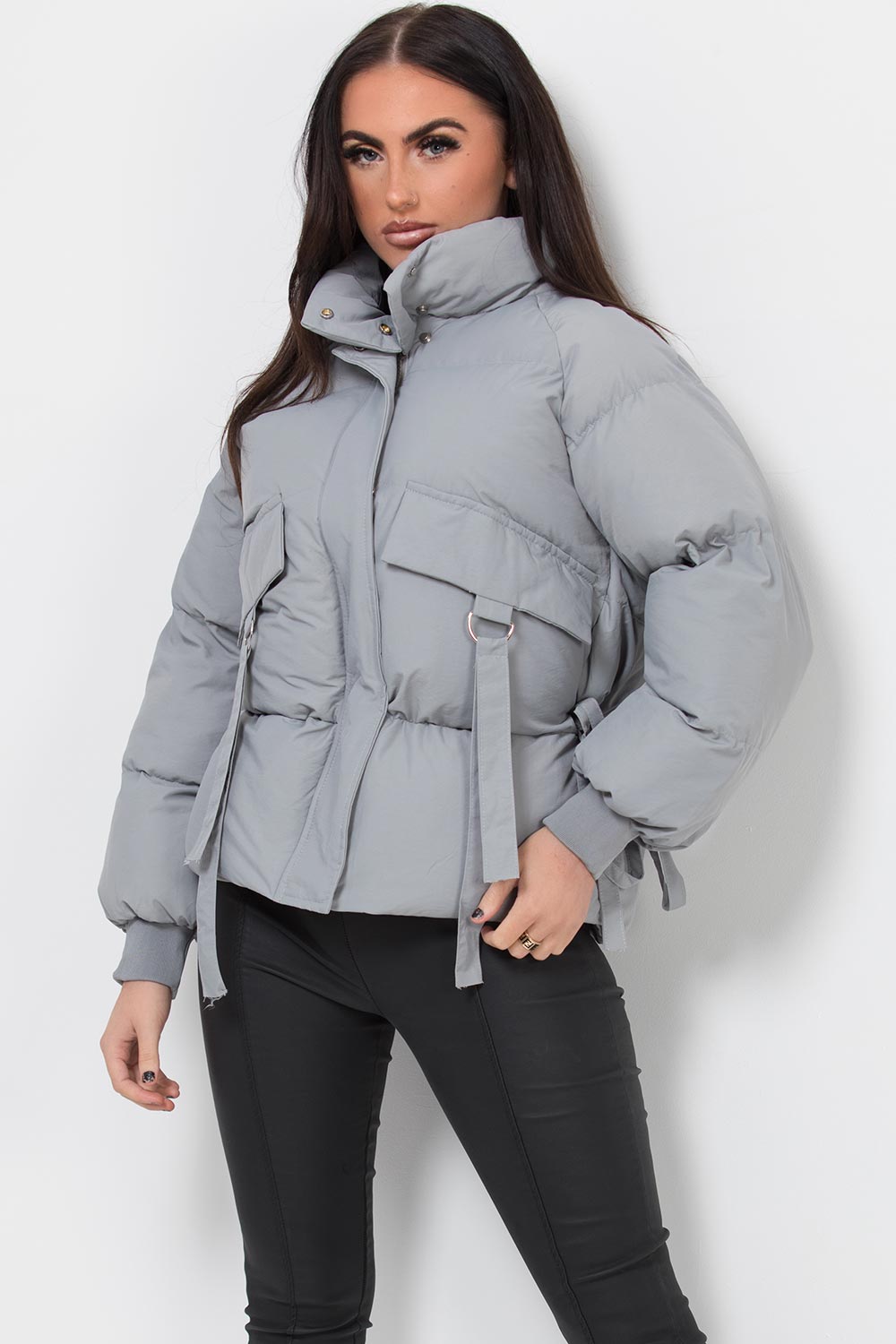 Womens Puffer Jacket With Pocket Detail Drawstring Waist Grey ...