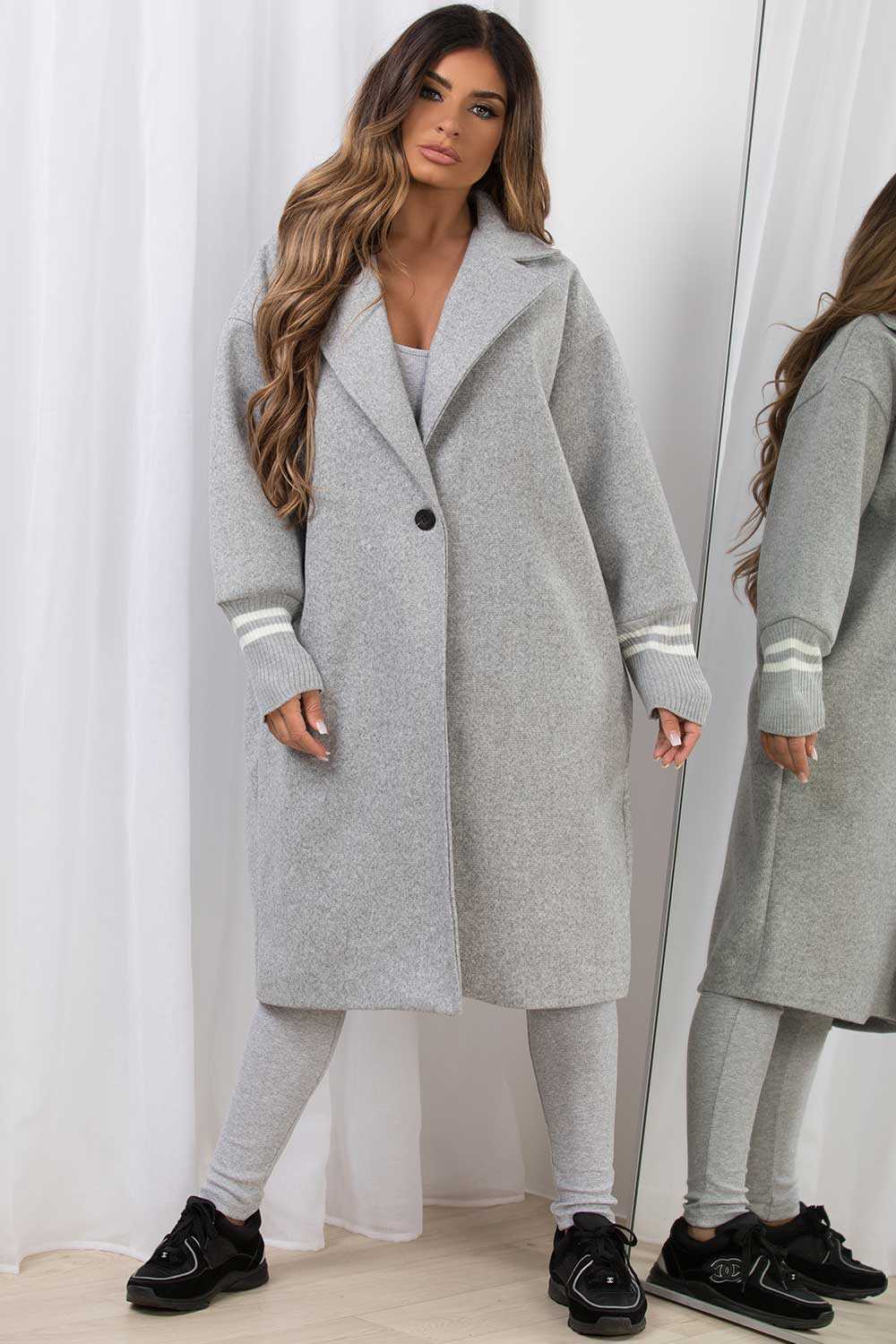 Women's Oversized Long Wool Coat With Ribbed Cuff Grey – Styledup.co.uk