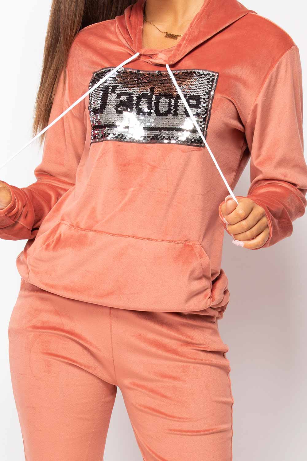 J`adore Sequin Velour Tracksuit Rose Pink – 