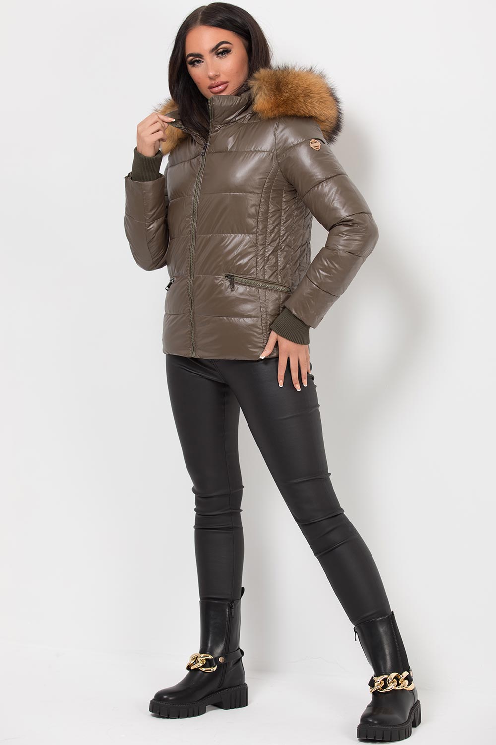 Women's Puffer Jacket With Real Raccoon Fur Hood Khaki – Styledup.co.uk