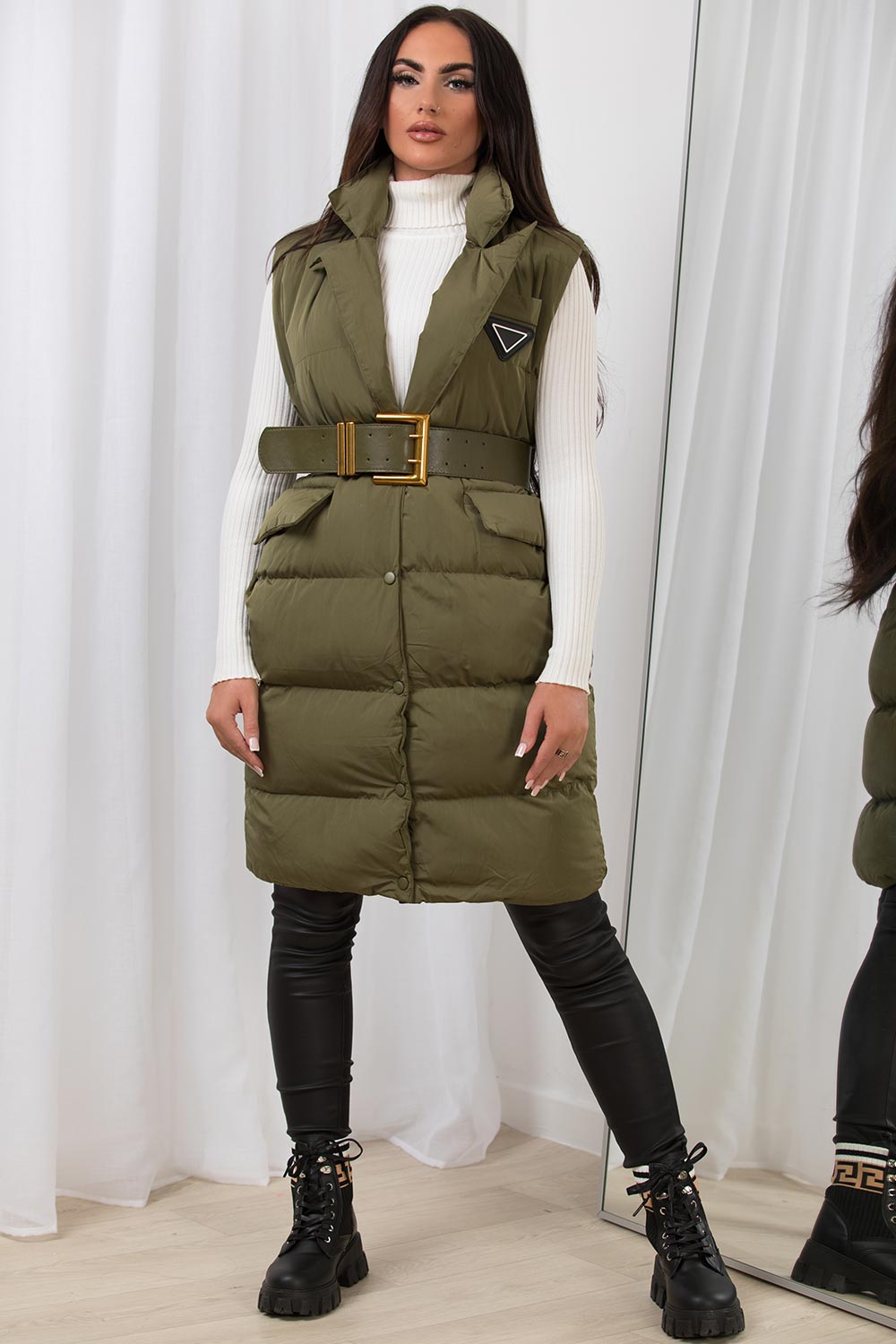 Khaki Long Puffer Gilet With Lapel Collar & Belt – Styledup.co.uk