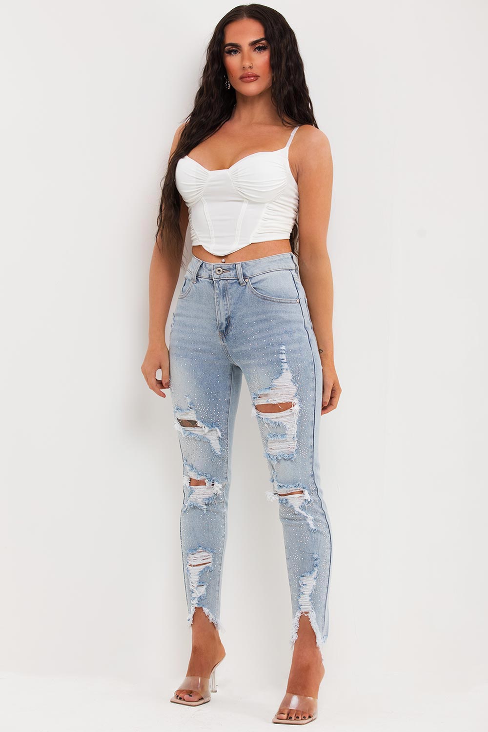 Womens Light Wash Ripped Jeans With Diamante Detail Uk