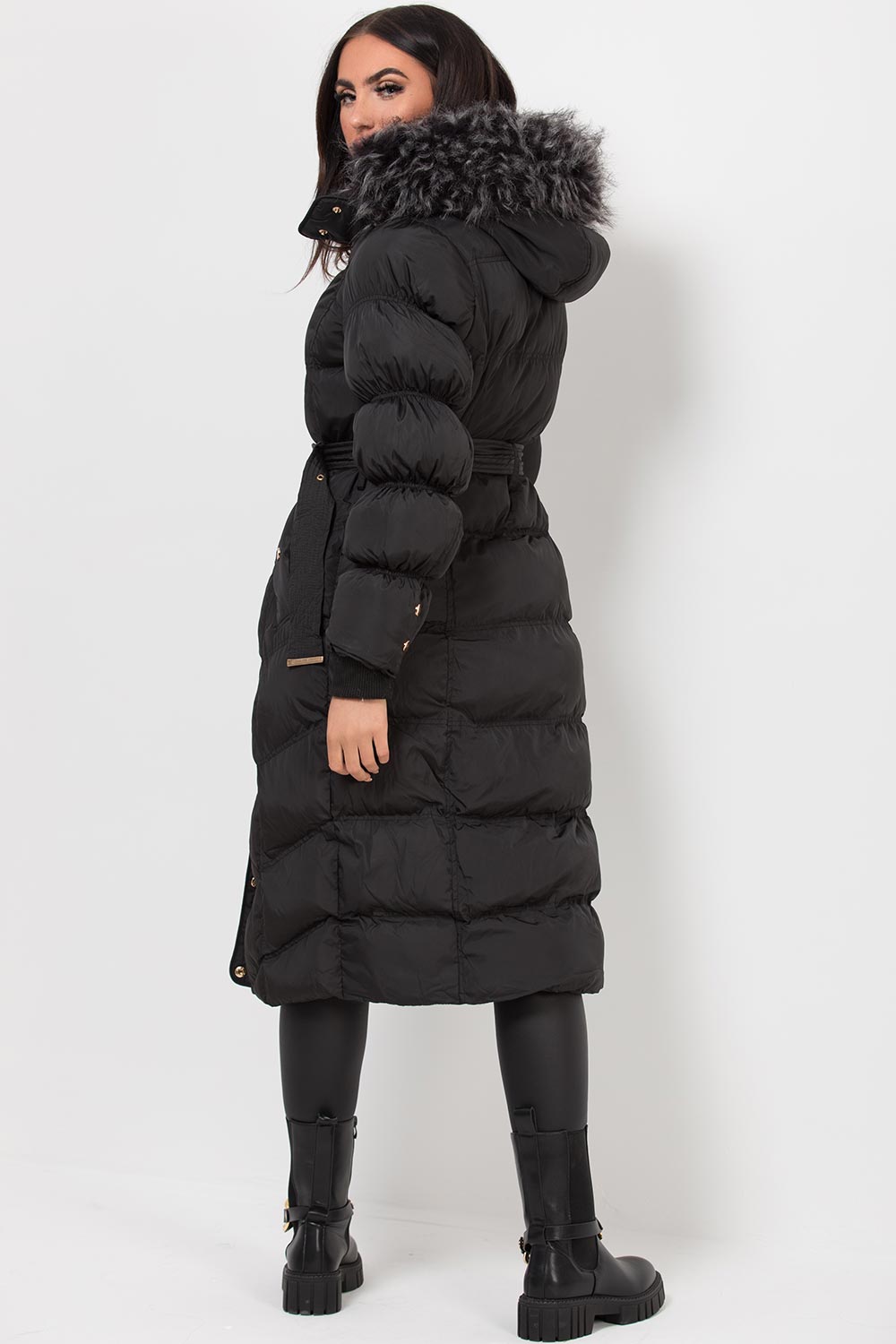 Women's Black Long Puffer Coat With Fur Hood And Belt – Styledup.co.uk