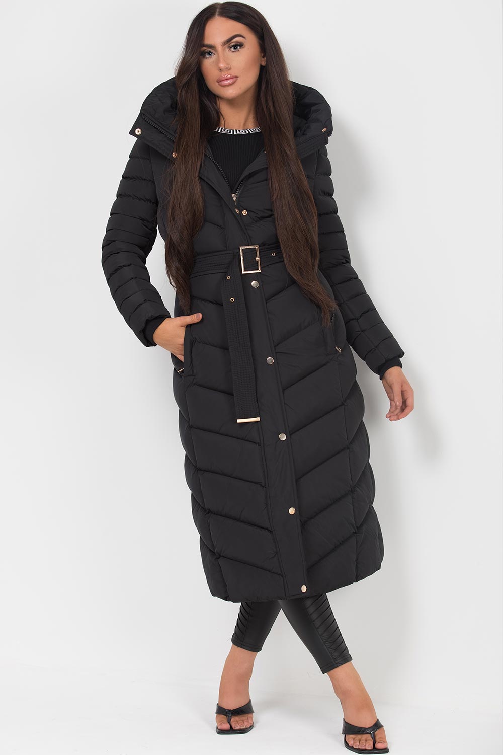 Women's Long Puffer Padded Down Coat With Belt Black – Styledup.co.uk