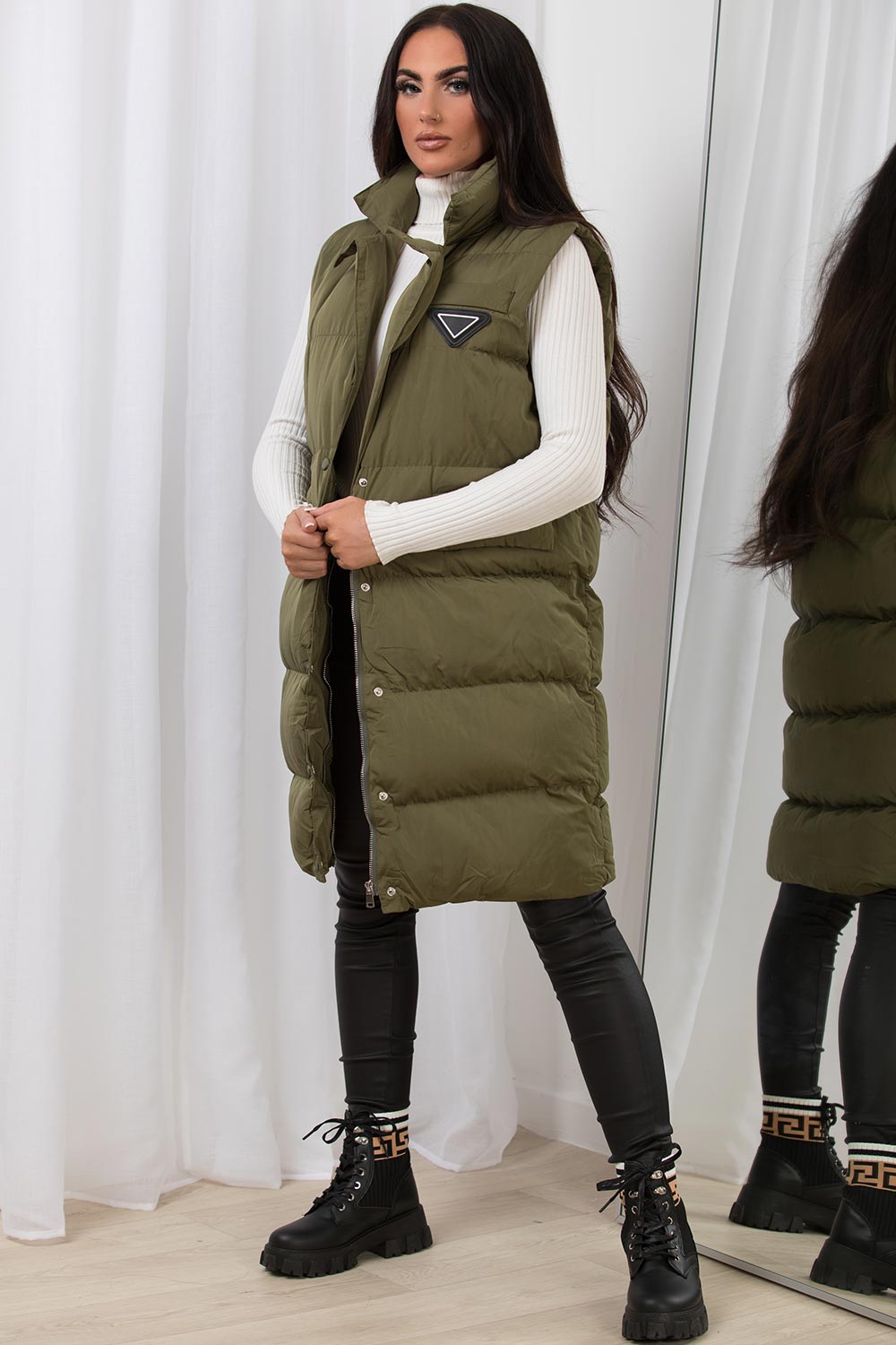 Khaki Long Puffer Gilet With Lapel Collar & Belt – Styledup.co.uk