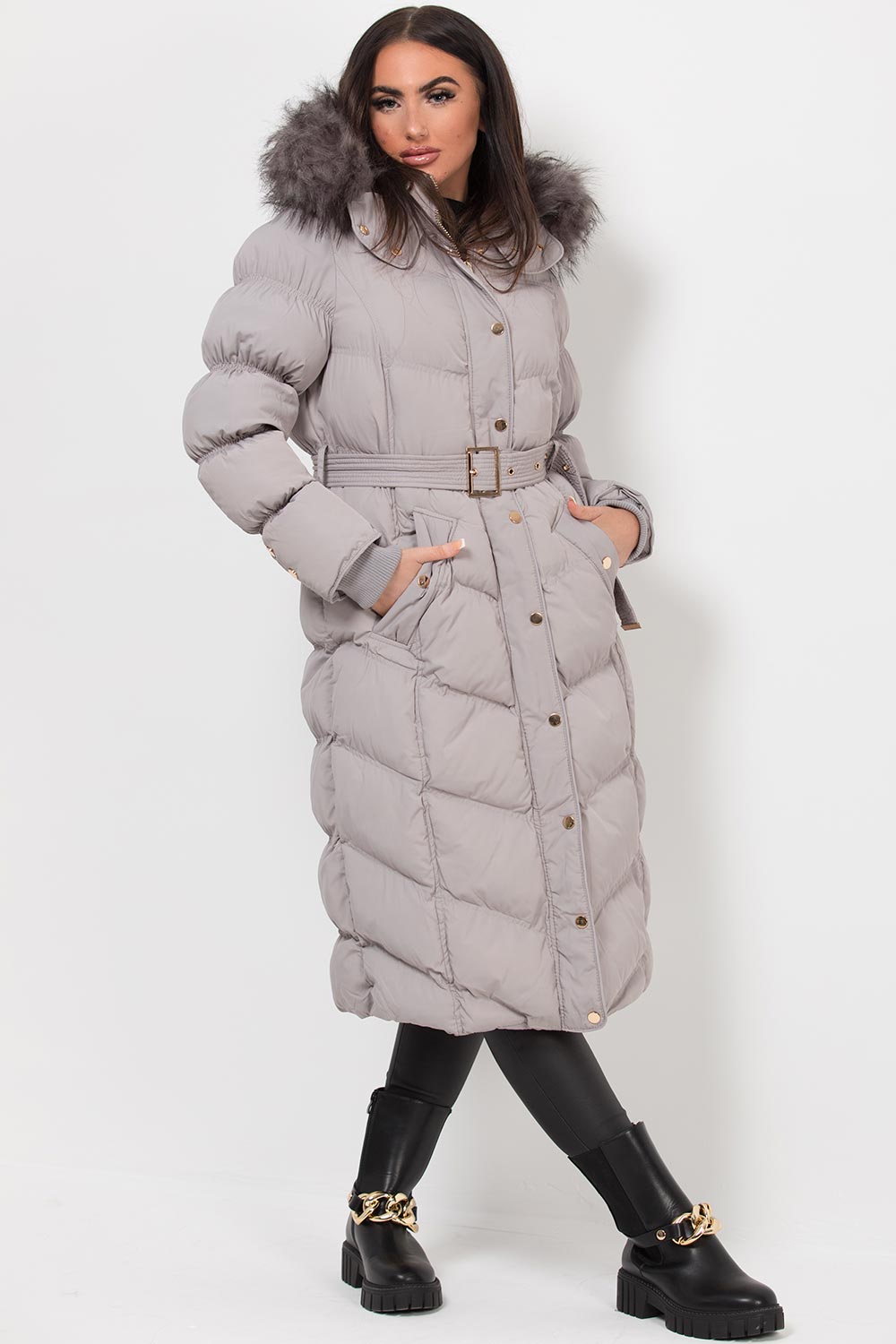 Long Puffer Coat With Fur Hood And Belt Grey – Styledup.co.uk