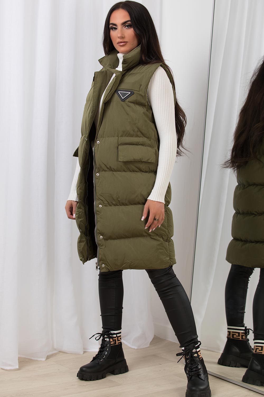 Khaki Long Puffer Gilet With Lapel Collar & Belt – Styledup.co.uk