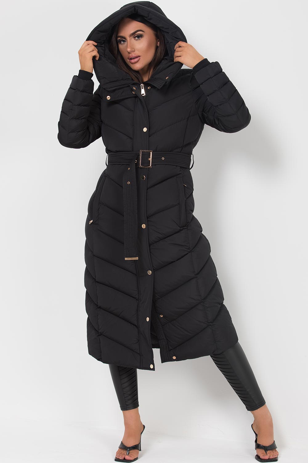 ladies puffer jacket with belt