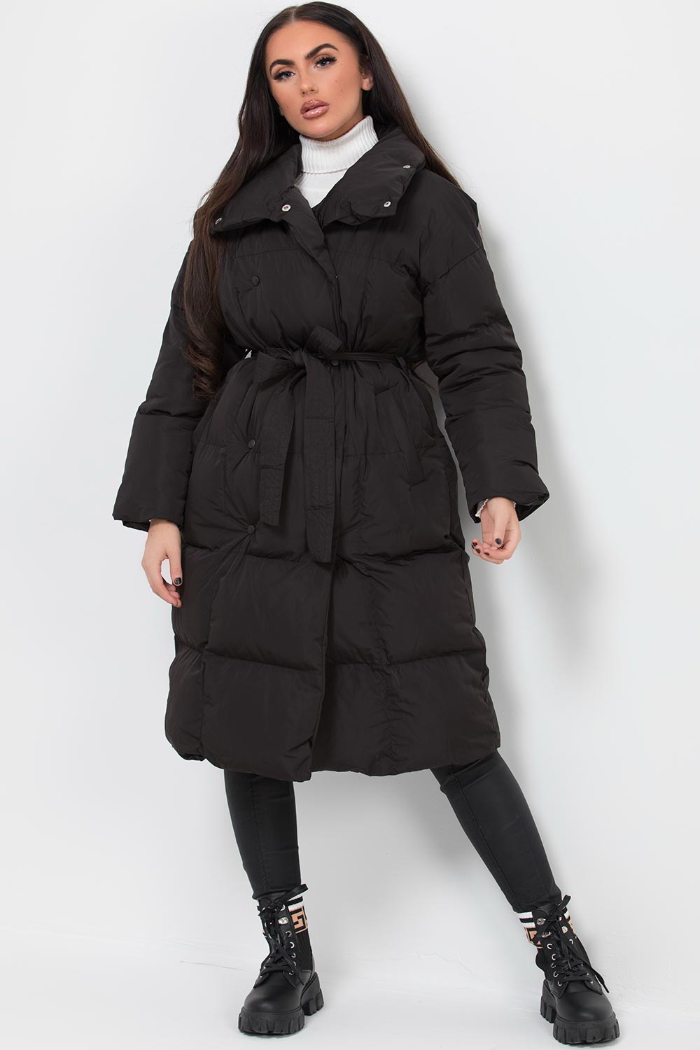 Womens Long Duvet Puffer Coat With Waist Belt Black – Styledup.co.uk