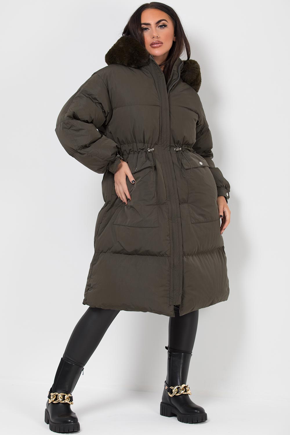 long puffer coat with fur hood