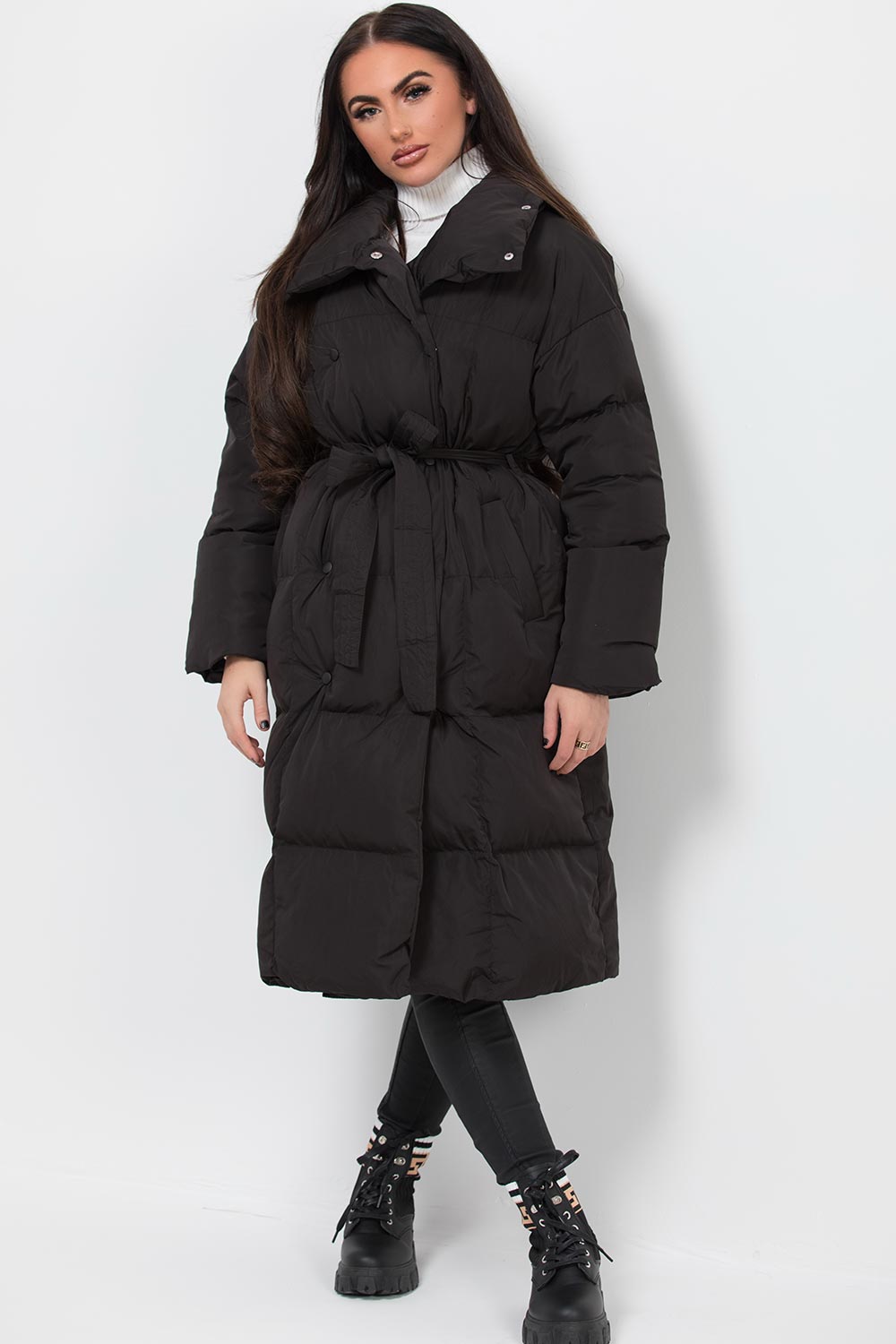 Womens Long Duvet Puffer Coat With Waist Belt Black – Styledup.co.uk