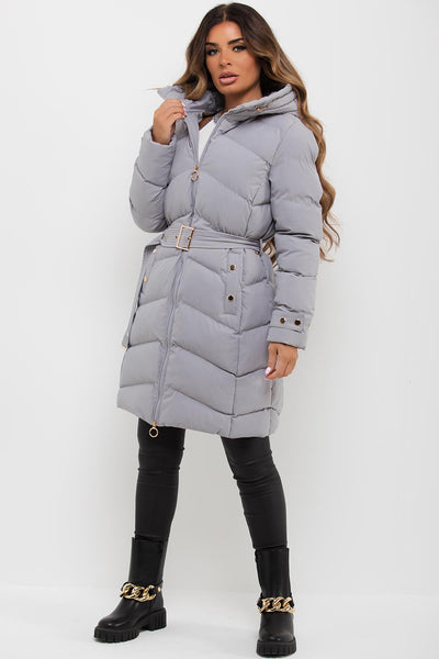 Grey Long Puffer Coat With Belt And Gold Button Detail – Styledup.co.uk