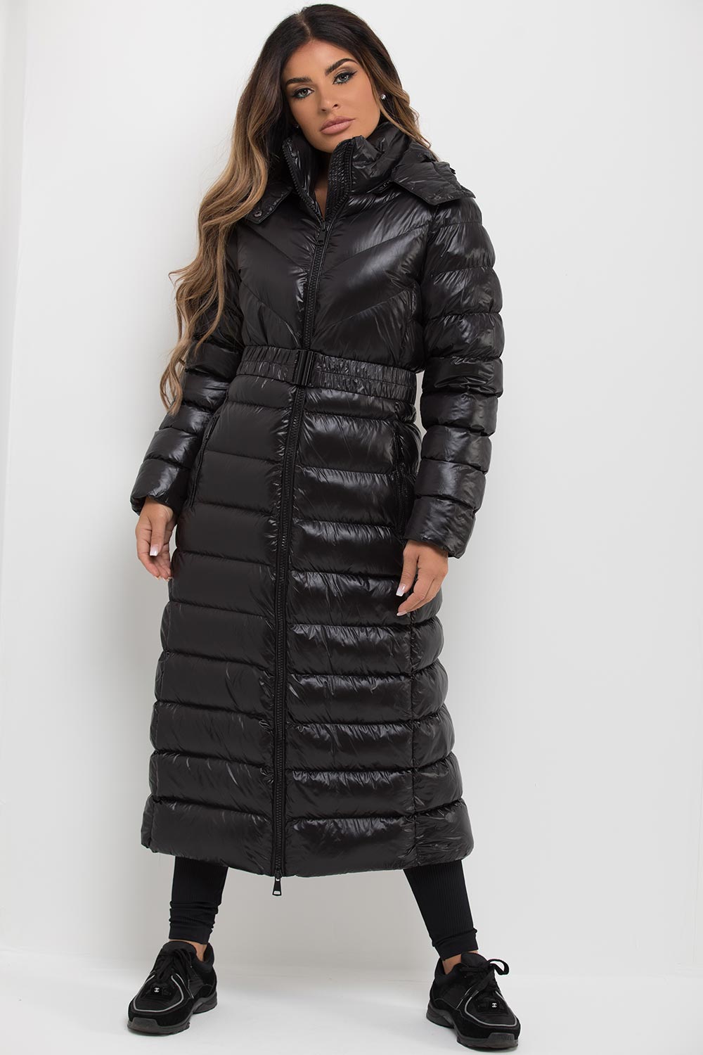 Women's Black Longline Puffer Padded Jacket With Hood & Belt Outerwear –  