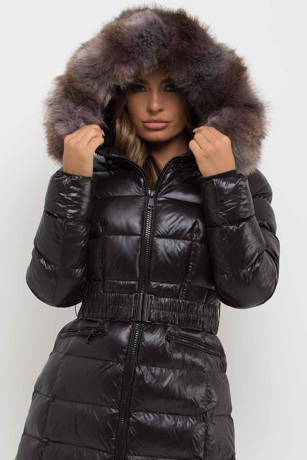 Women's Black Long Puffer Padded Jacket With Faux Fur Hood & Belt ...